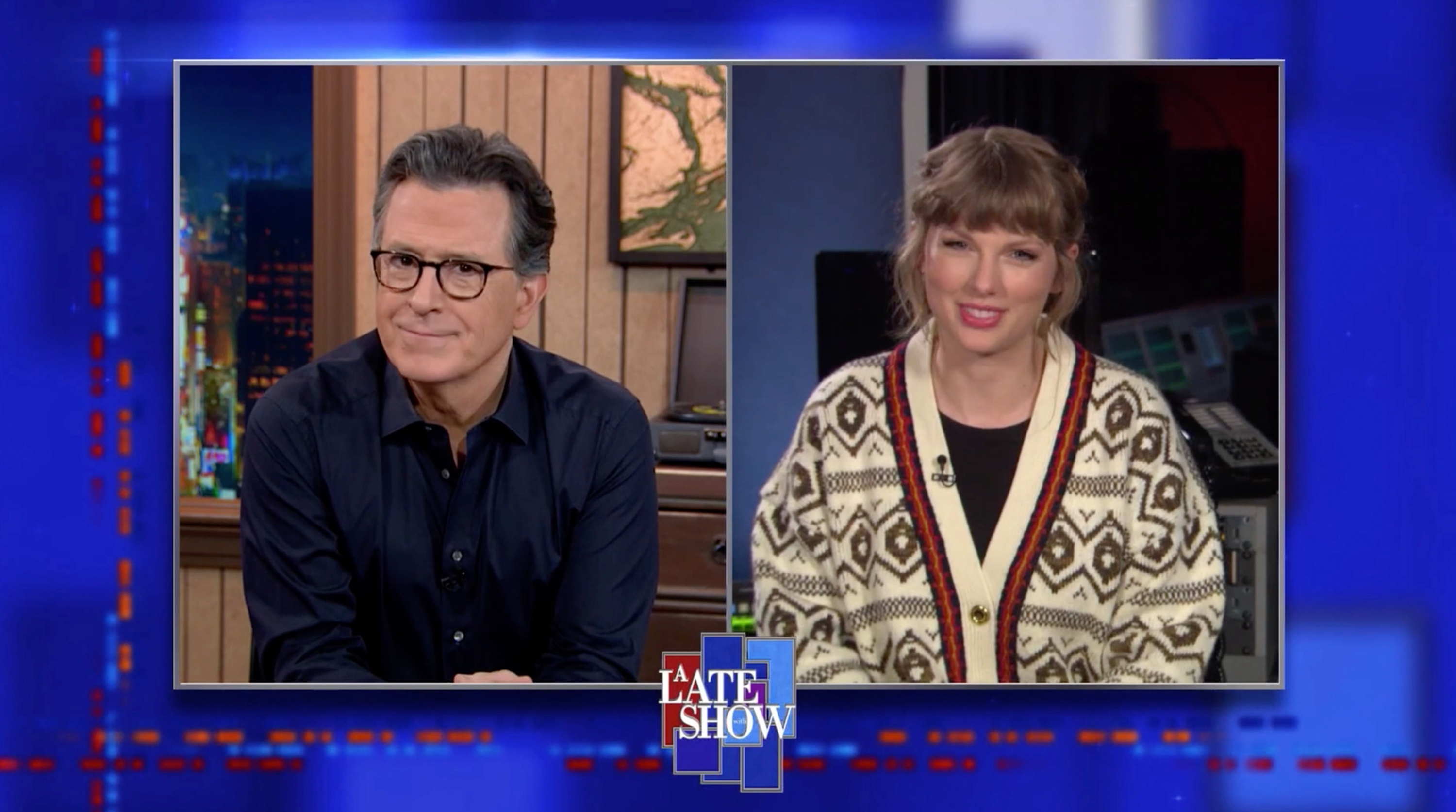 Taylor Swift and Stephen Colbert at the Late Show wearing a J.Crew sweater