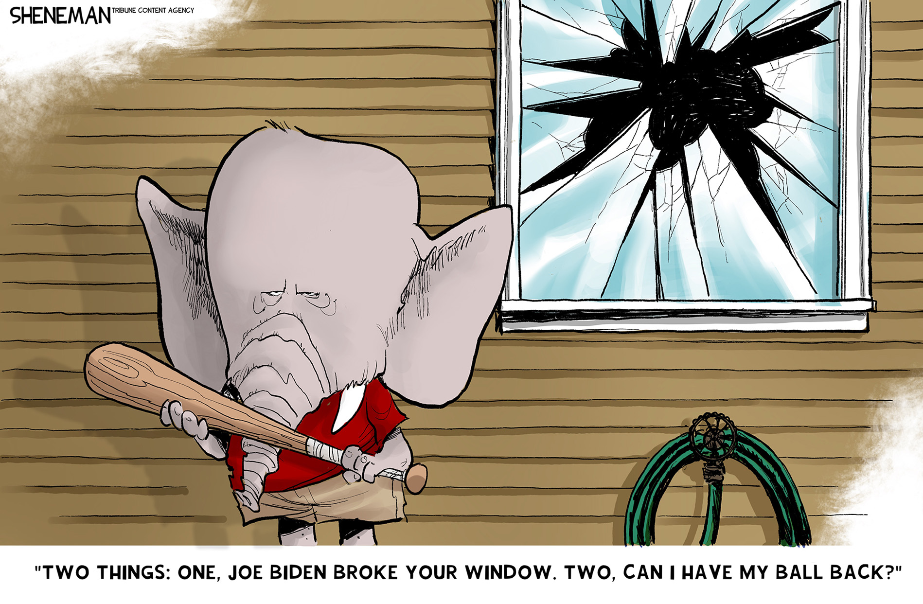 An elephant holds a baseball bat and stands next to a broken window on a house. It says, &amp;ldquo;Two things: one, Joe Biden broke your window. Two, can I have my ball back?&amp;rdquo;