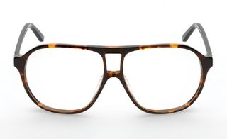 Oval shaped glasses with tortoiseshell coloured frame and white glasses lenses.