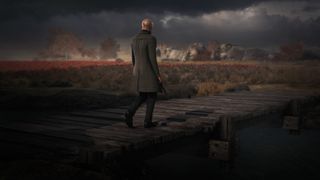 An image from Hitman 3, showing Agent 47 on a pier.