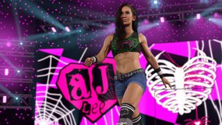 AJ Lee strides forward during her entrance in WWE 2K26
