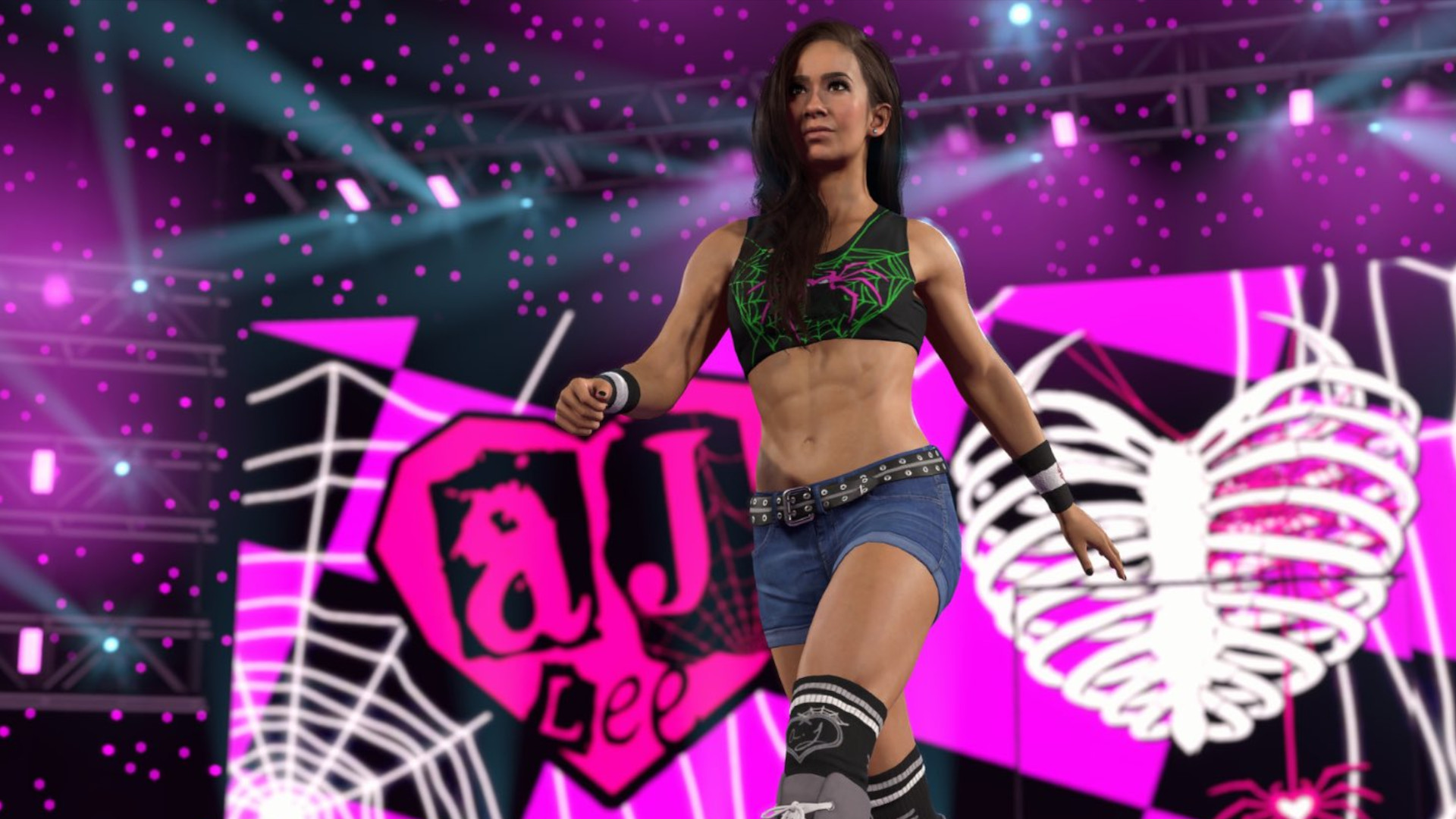 AJ Lee strides forward during her entrance in WWE 2K26