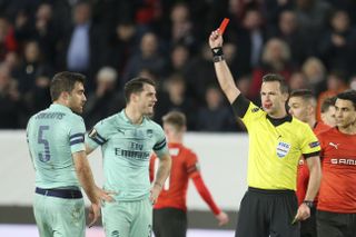 Sokratis Papastathopoulos was sent off as Arsenal had play over half the match with a man less