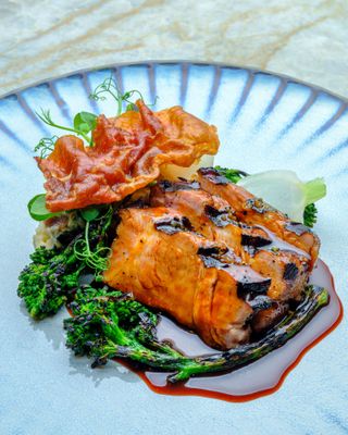 Grilled Heritage Pork Ribeye with tiny farm’s turnips, grilled broccoli rabe and red verjus-cardamom sauce
