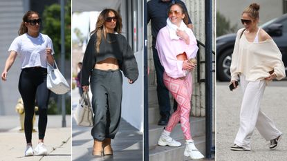 Split image of jennifer lopez wearing black leggings, a grey sweatsuit, pink geometric leggings, and a white sweatsuit