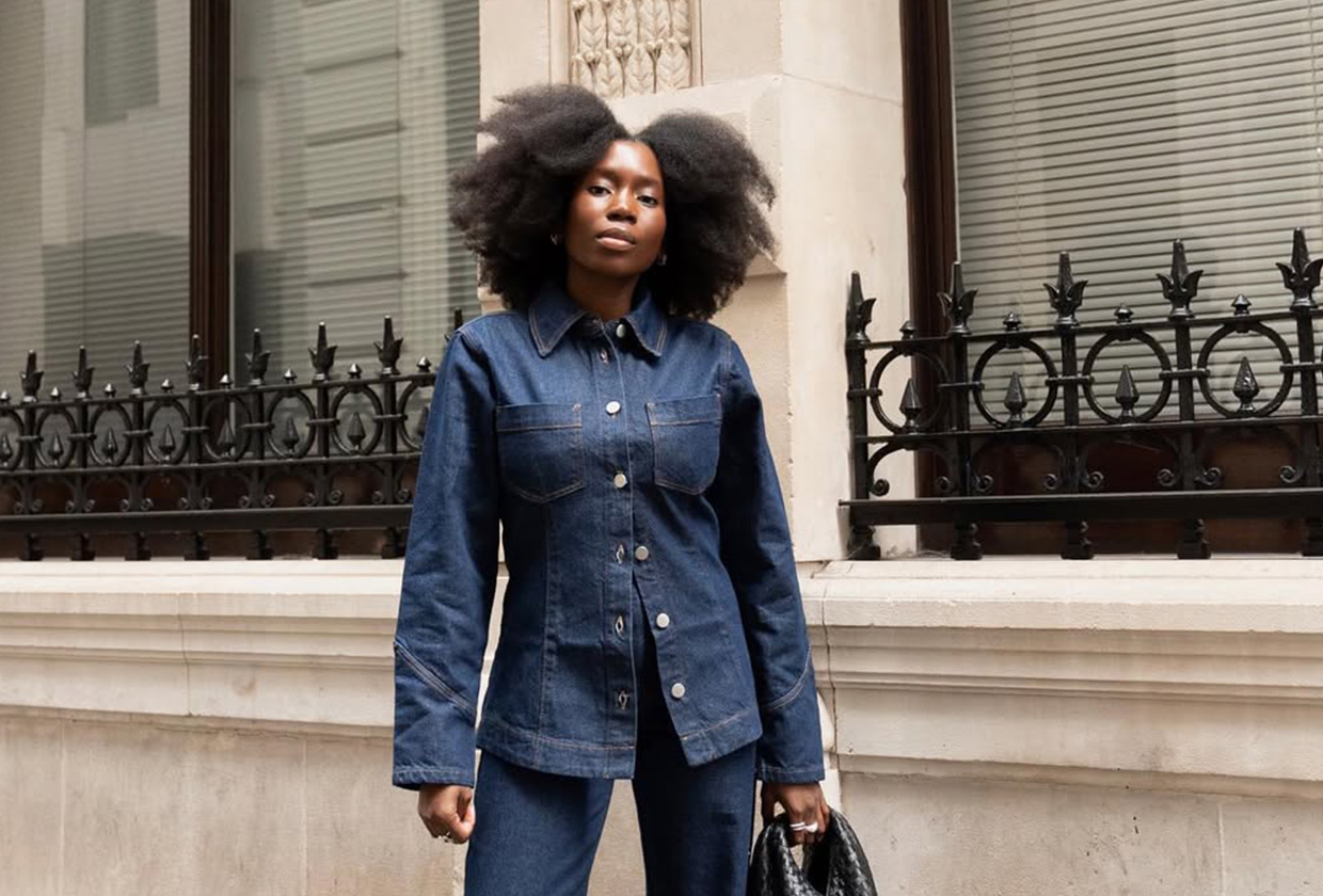 fashion influencer @daniellejinadu wearing a fitted-waist denim jacket