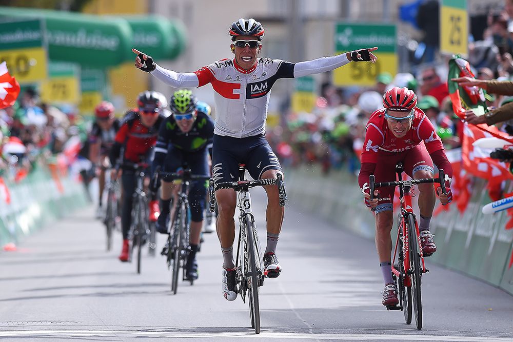 Jarlinson Pantano (IAM Cycling) celebrates winning the final stage at Tour de Suisse