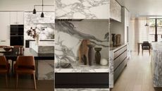 Three images of a kitchen with bold marble and a dark dining table