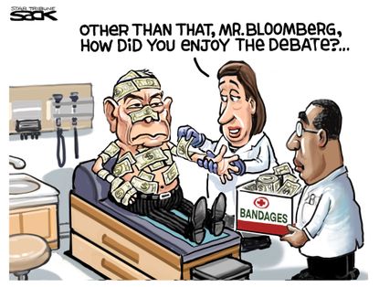 Political Cartoon U.S. Michael Bloomberg Elizabeth Warren DNC democratic debates money in politics bandages beat-up