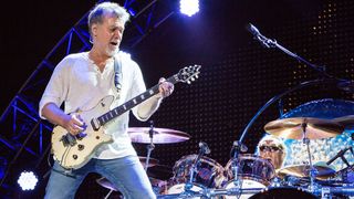 Eddie Van Halen (L) and Alex Van Halen of Van Halen perform on stage at Sleep Train Amphitheatre on September 30, 2015 in Chula Vista, California.