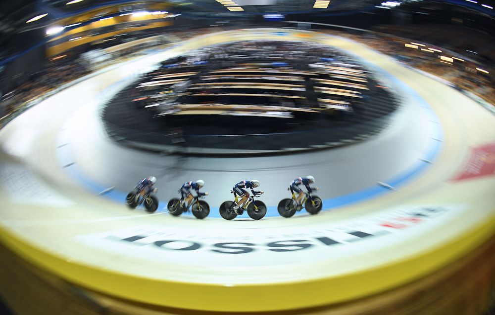 France's team competes in the Women's Team Pursuit qualifying round during the UCI Track Cycling World Championships in Apeldoorn