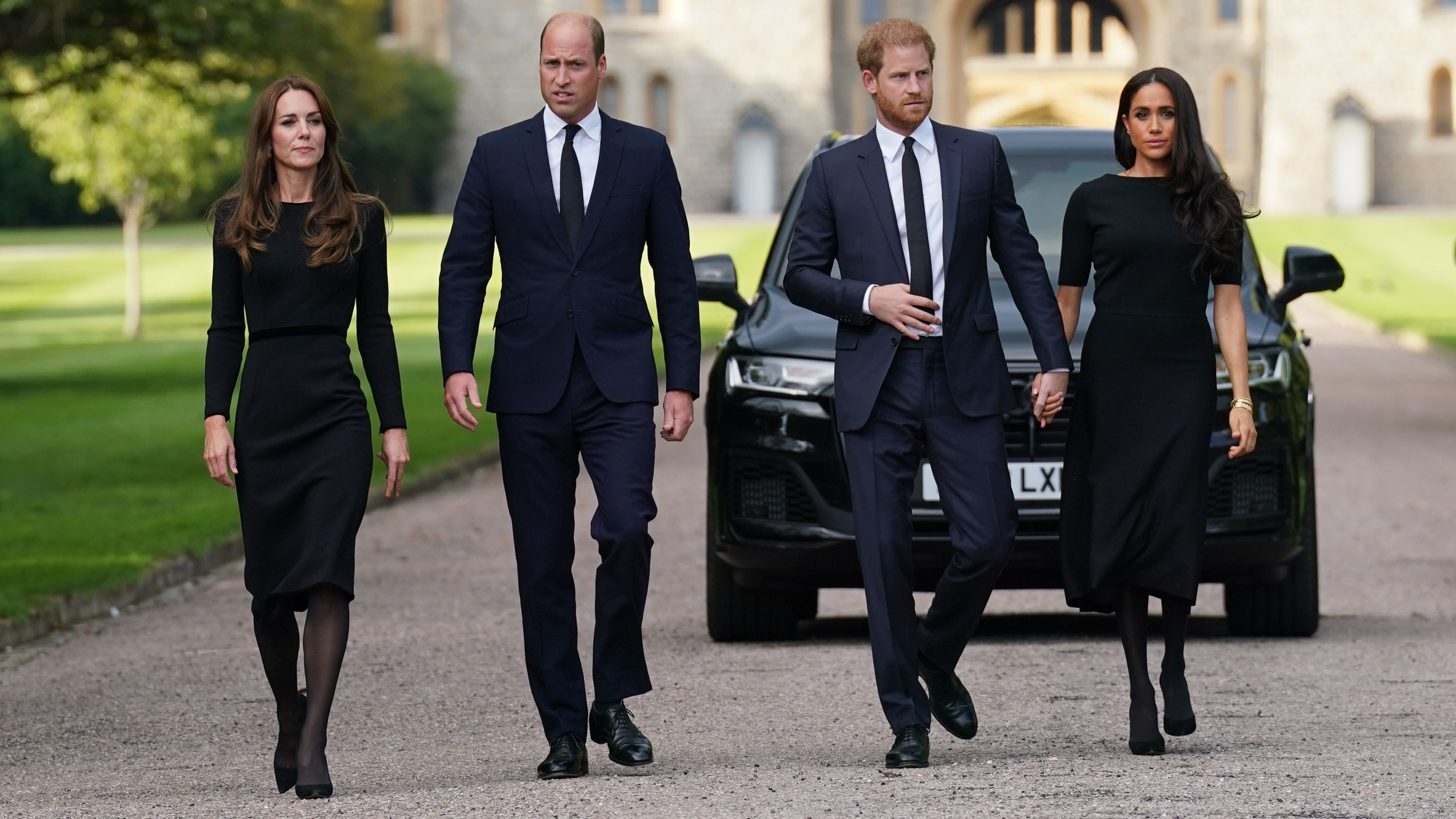 Catherine, Princess of Wales, Prince William, Prince Harry and Meghan, Duchess of Sussex on the long walk at Windsor Castle on September 10, 2022 in Windsor