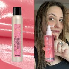 pink background with girl holding a shine spray