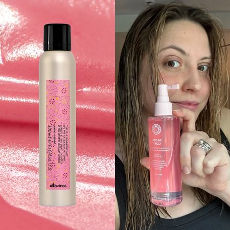 pink background with girl holding a shine spray