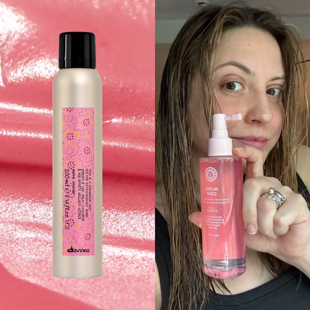 pink background with girl holding a shine spray