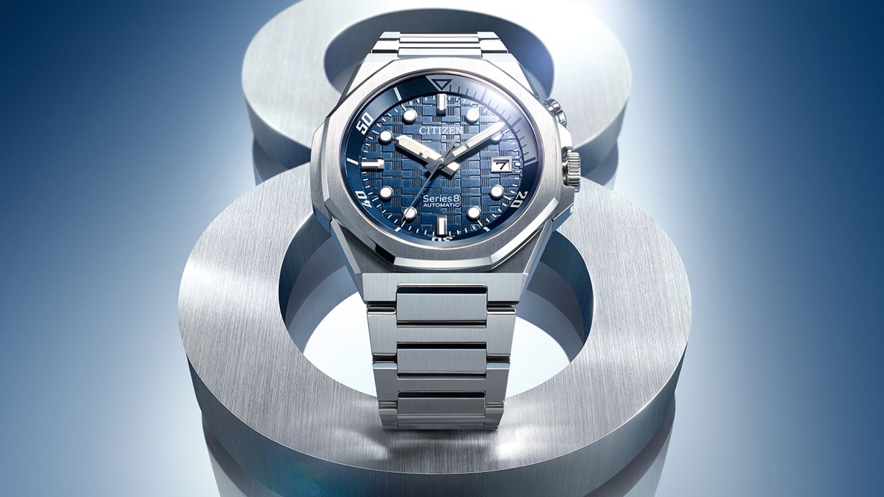 The Citizen Series 8 890 in steel and blue on a blue background