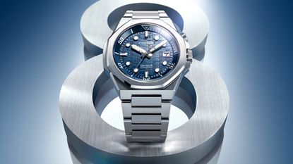 The Citizen Series 8 890 in steel and blue on a blue background