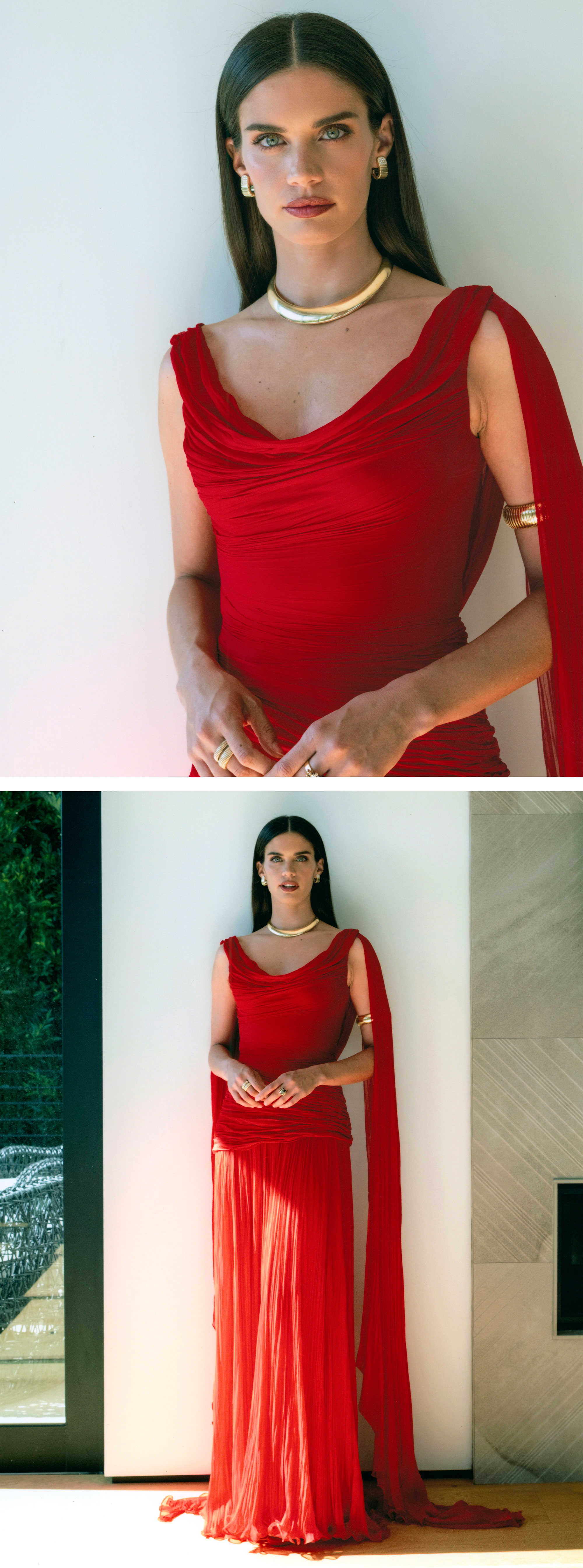 Sara Sampaio poses in her final look for the Superman Los Angeles premiere. She is wearing a red Marmar Halim dress with vintage Bulgari from Beladora jewelry.