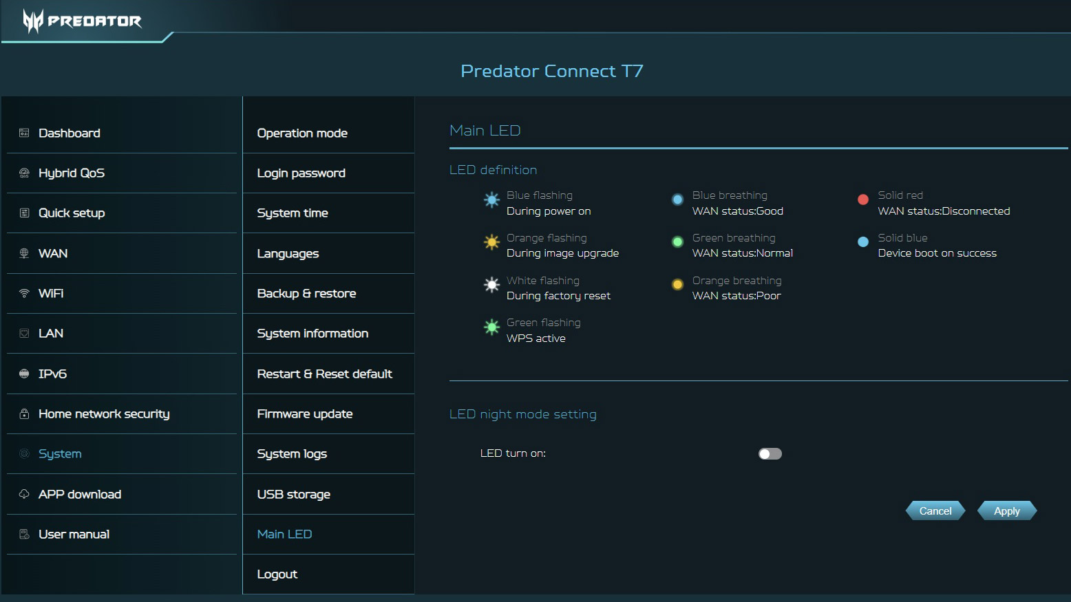 A screenshot of the Acer Predator Connect T7 app.