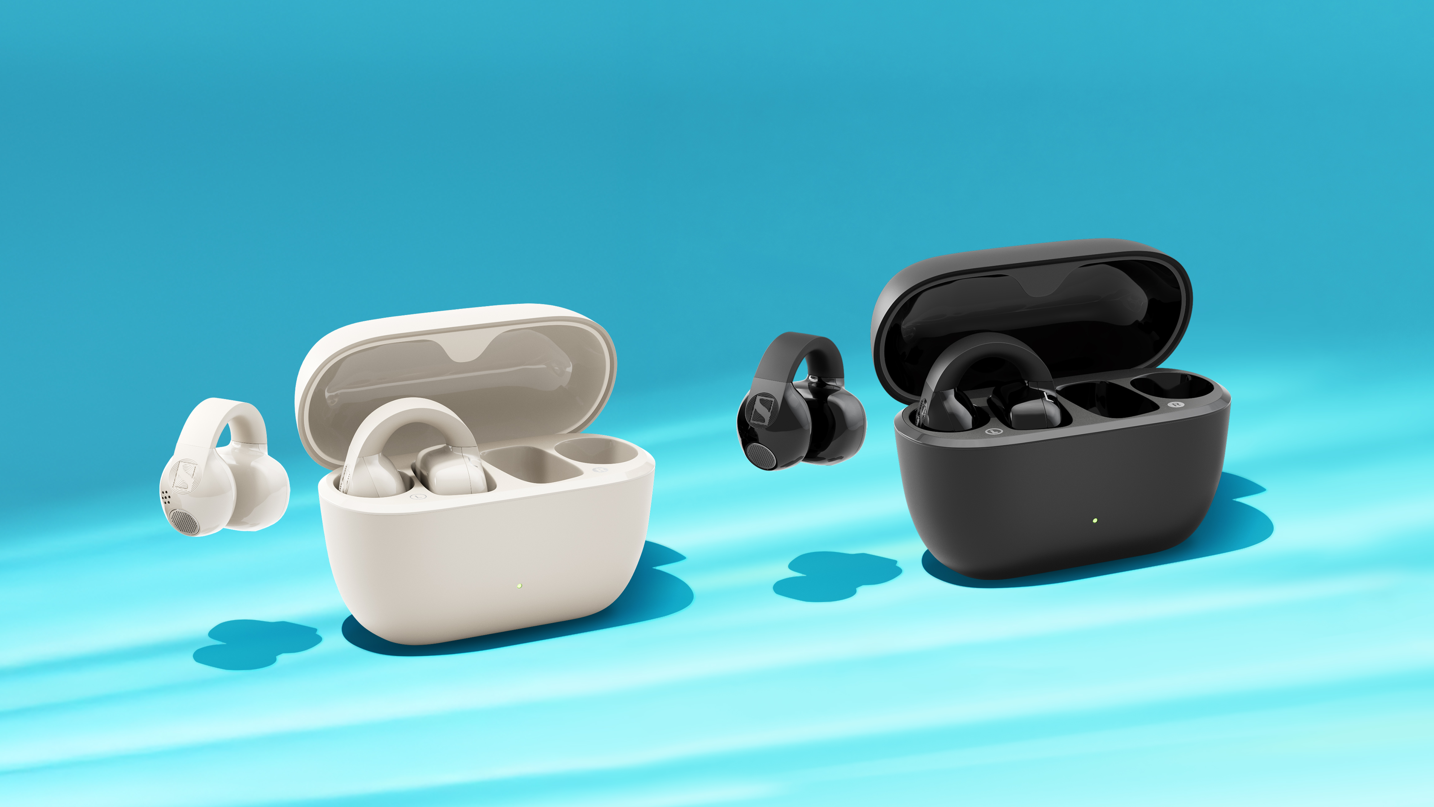 Sennheiser Accentum Clip open wireless earbuds on a blue background