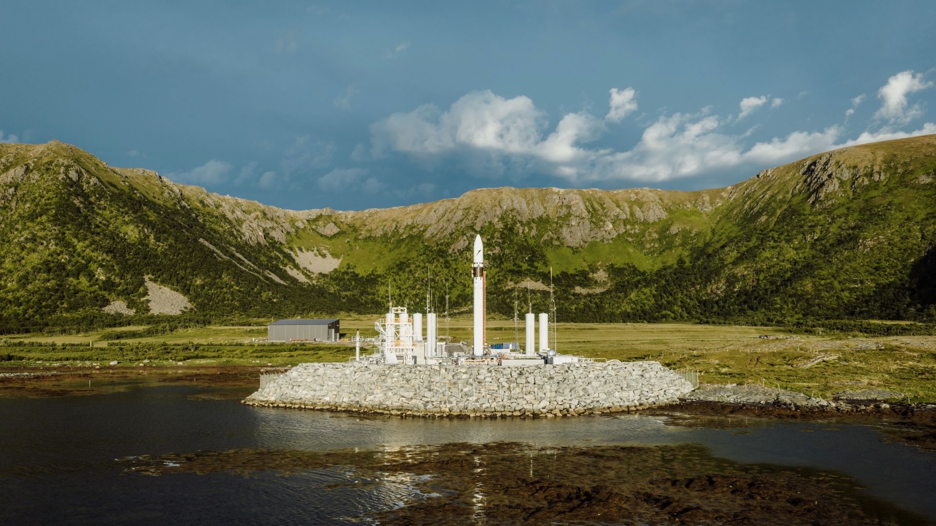 Isar Aerospace's Spectrum rocket on the pad at Andoya Spaceport in Norway ahead of its second-ever flight.