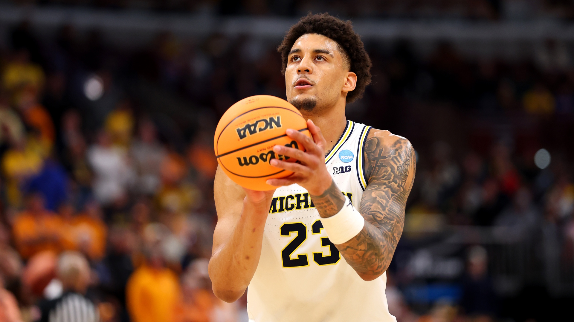 Yaxel Lendeborg of the Michigan Wolverines shoots a free throw during a 2026 NCAA Men's Basketball Tournament match during March Madness.