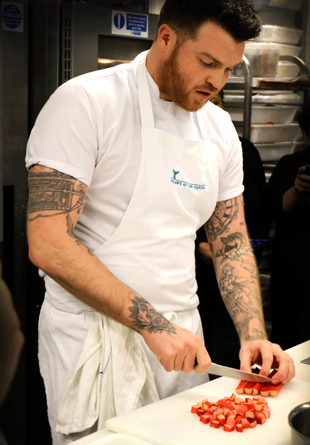 Chef Tom Brown cutting forced Rhubarb