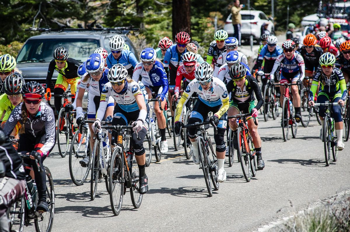 The women's field working hard on one of todays big climbs