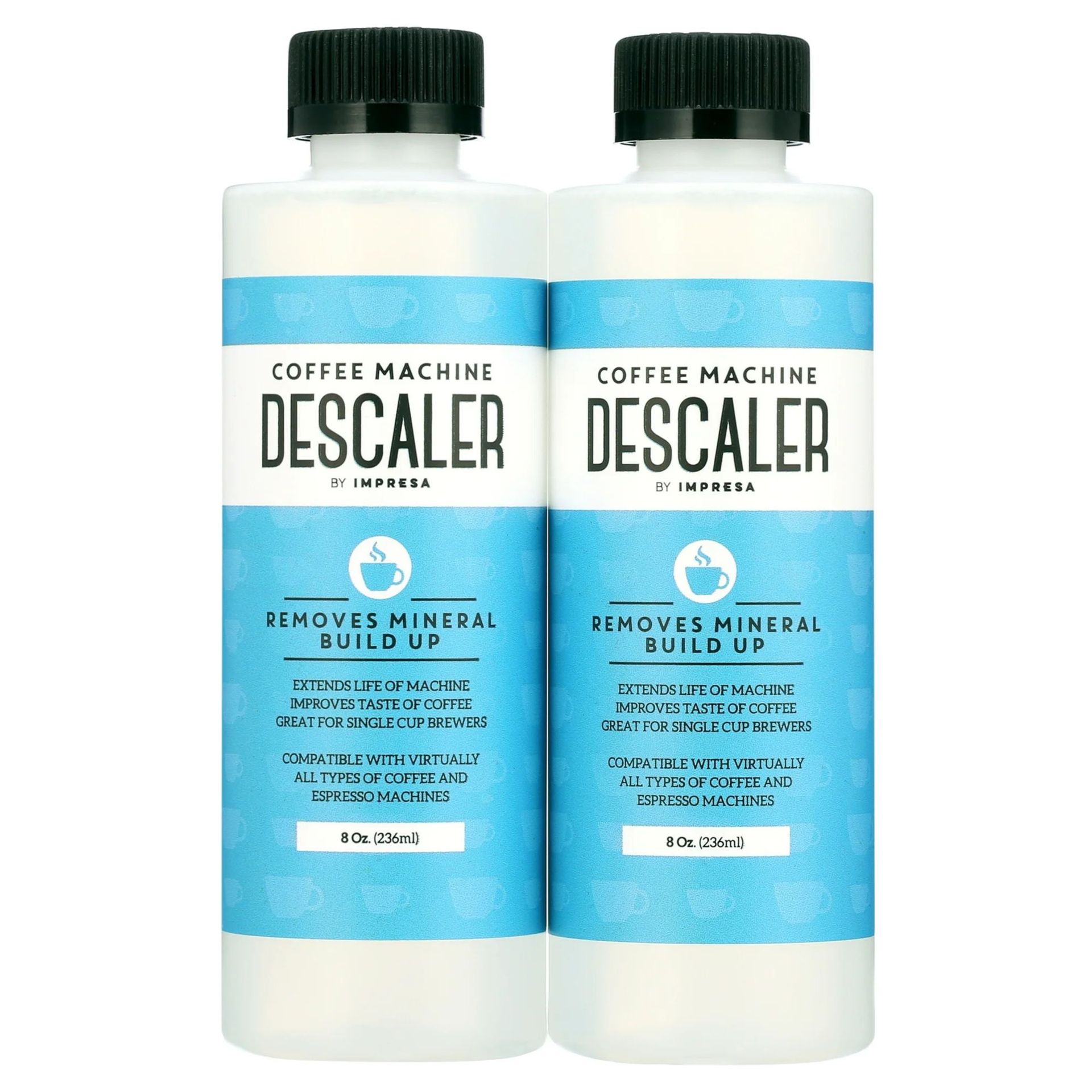 Two clear plastic bottles of coffee machine descaler with blue and white labels and black lids