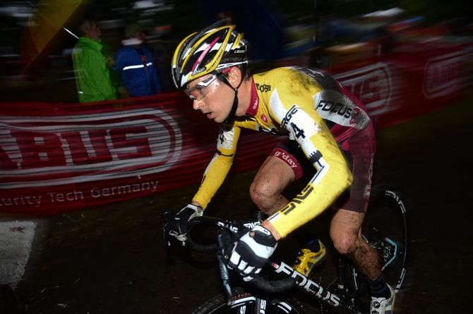 Allen Krughoff (Noosa Pro Team) riding in near darkness due to the late start