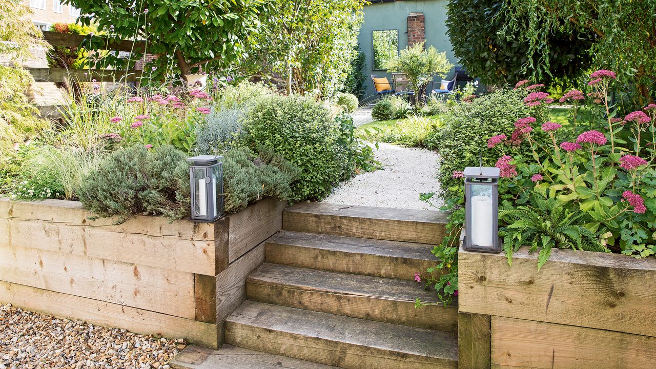 Garden with railway sleeps creating steps and raised beds