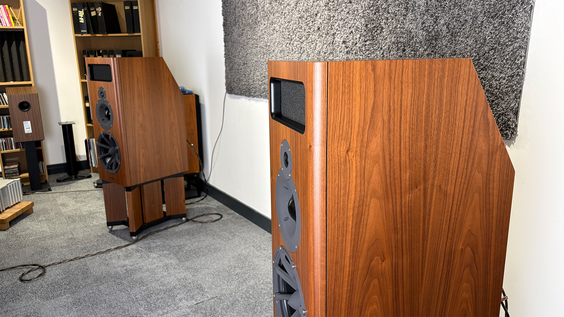 PMC MB2 SE standmount speakers on grey carpet in test room