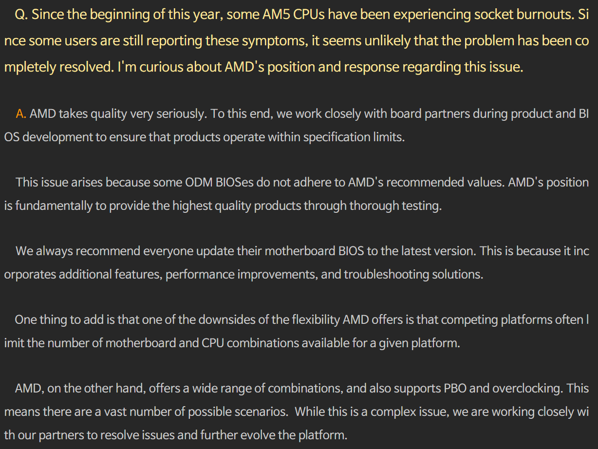 Quasarzone AMD Q&A regarding AM5 burnout issues