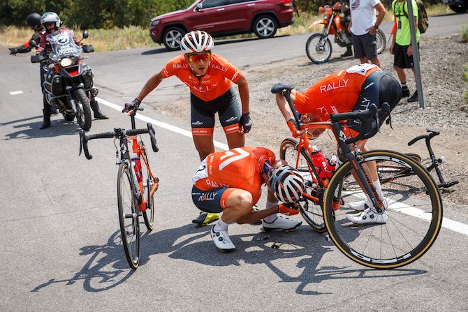 Rally riders stop for mechanical issues on one of the say's climbs on the sixth stage of the 2018 Tour of Utah