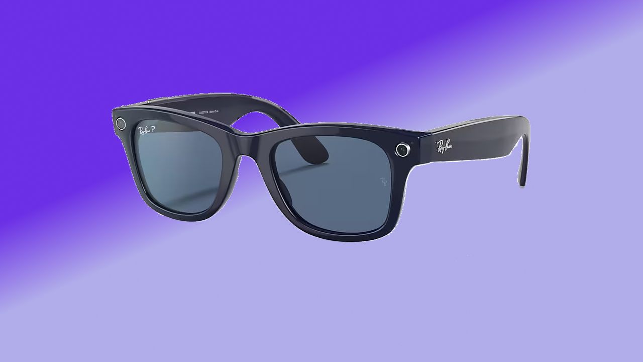 The Ray-Ban Stories Wayfarer in black on a blue bakcground