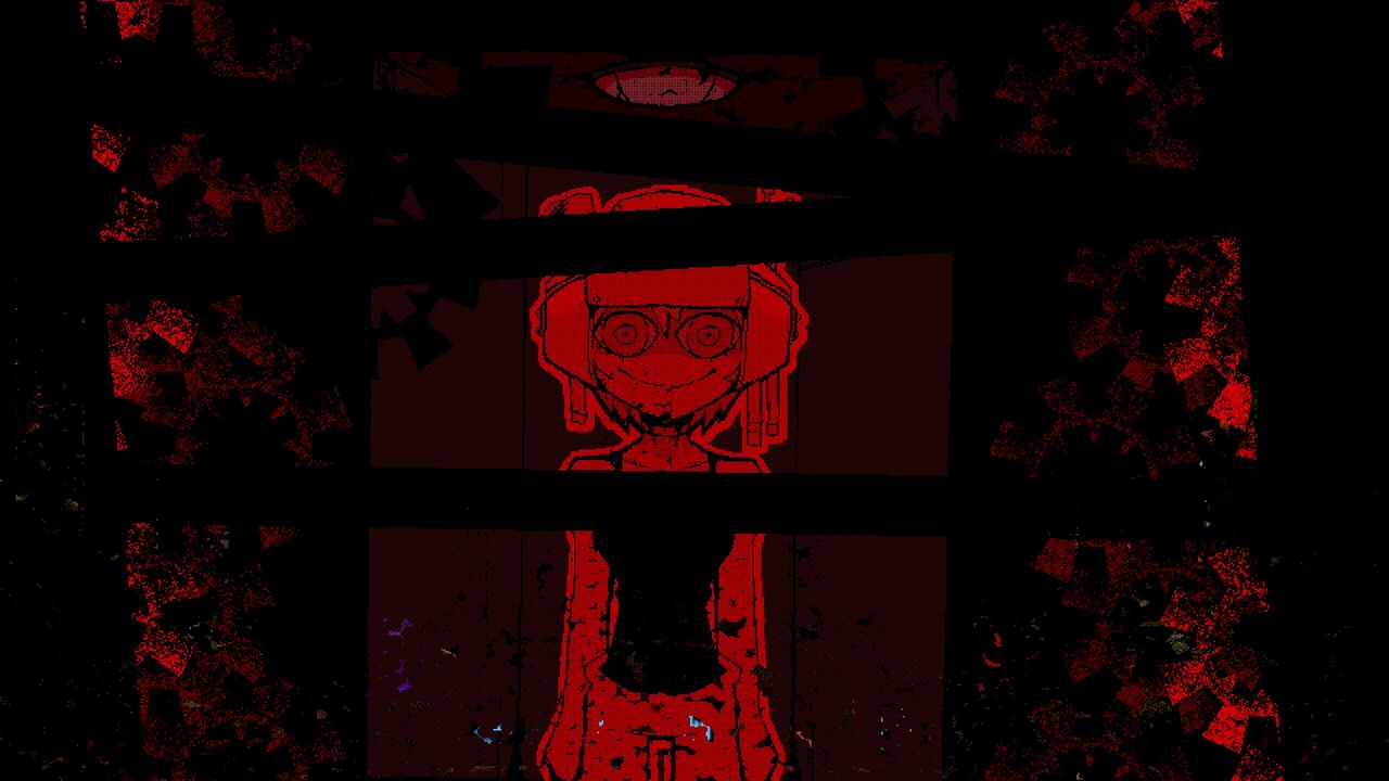 Psychopomp loading screen of protagonist taking elevator down to catacomb in red lighting.