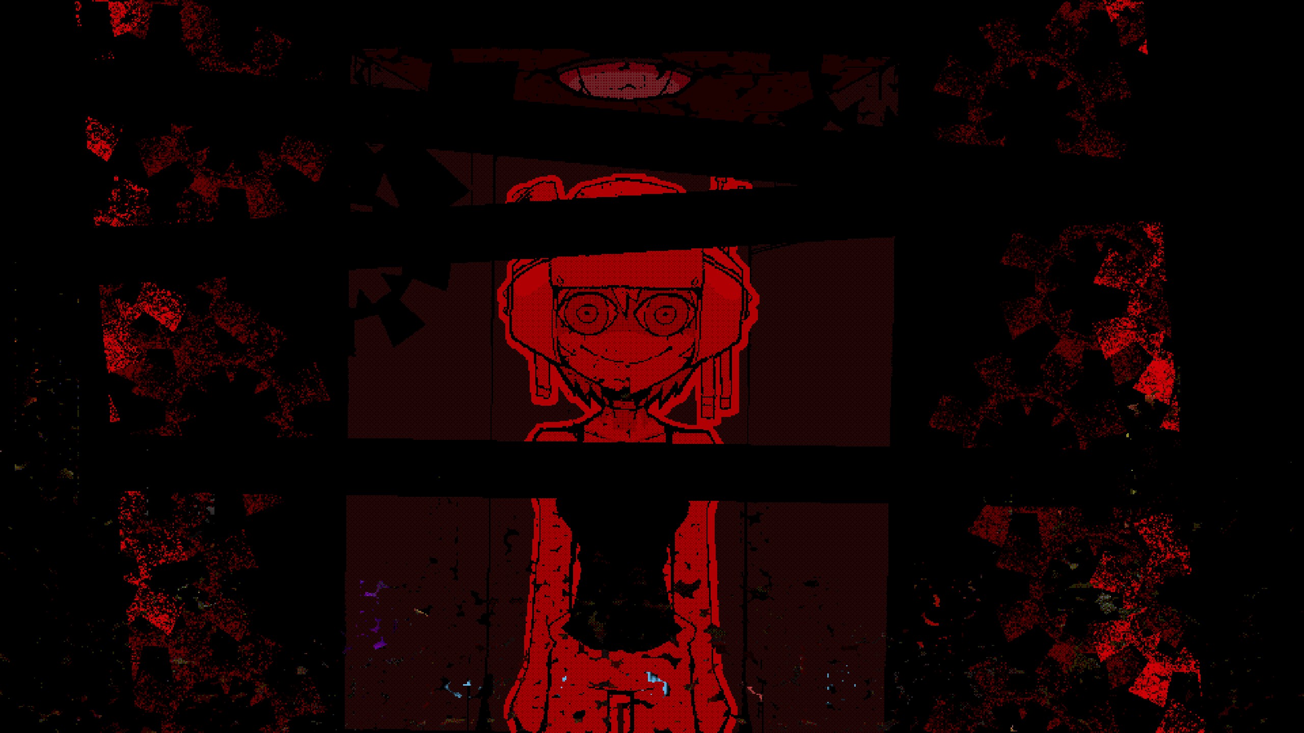 Psychopomp loading screen of protagonist taking elevator down to catacomb in red lighting.