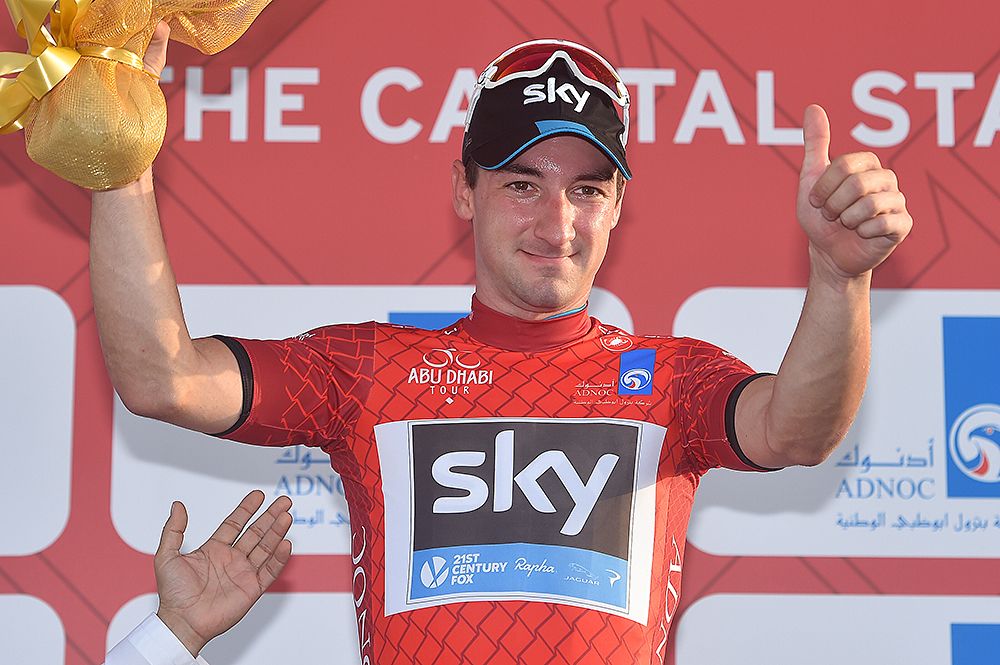 Elia Viviani (Team Sky) in the red leader's jersey after stage 2 Abu Dhabi Tour