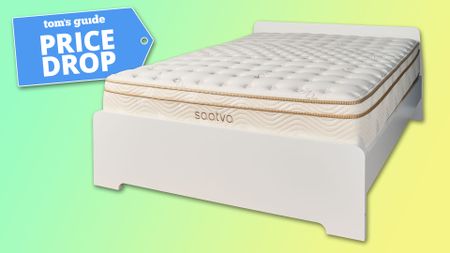 The Saatva Classic mattress on a white bedframe against a green and yellow background, a Tom's Guide Price Drop deals badge in the top left corner