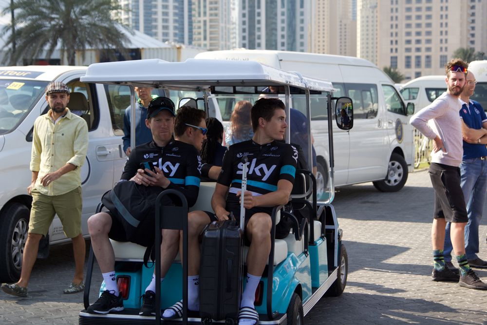 Some of Team Sky's riders are taken by buggy