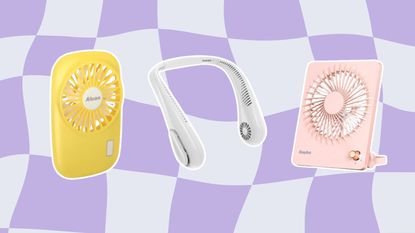The best portable fans, one yellow, one white (neck fan) and one pink one on wavy checkerboard purple background