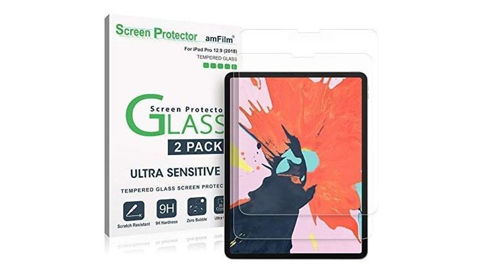 Packaging and product shot of amFilm Glass Screen Protector, one of the best iPad screen protectors