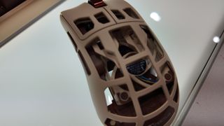 Close-up of the Pulsar Feinmann x Noctua gaming mouse with fan inside