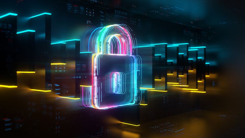 A multicolored, CGI padlock set against blue and yellow glowing slabs representing SWG and next-gen SWG in a cloud environment.