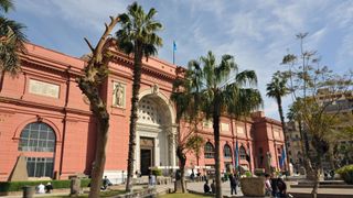 An exterior shot of The Museum of Egyptian Antiquities in Cairo, Egypt