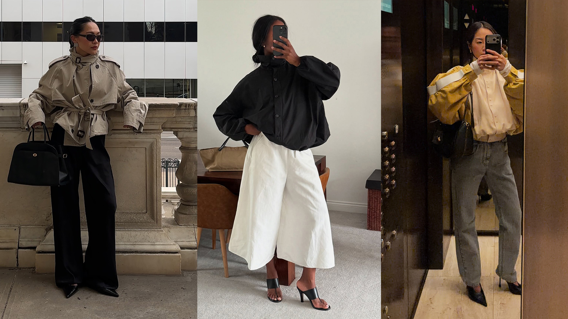 women wearing spring jacket trends: cropped trench jackets, funnel neck jackets, and bomber jackets