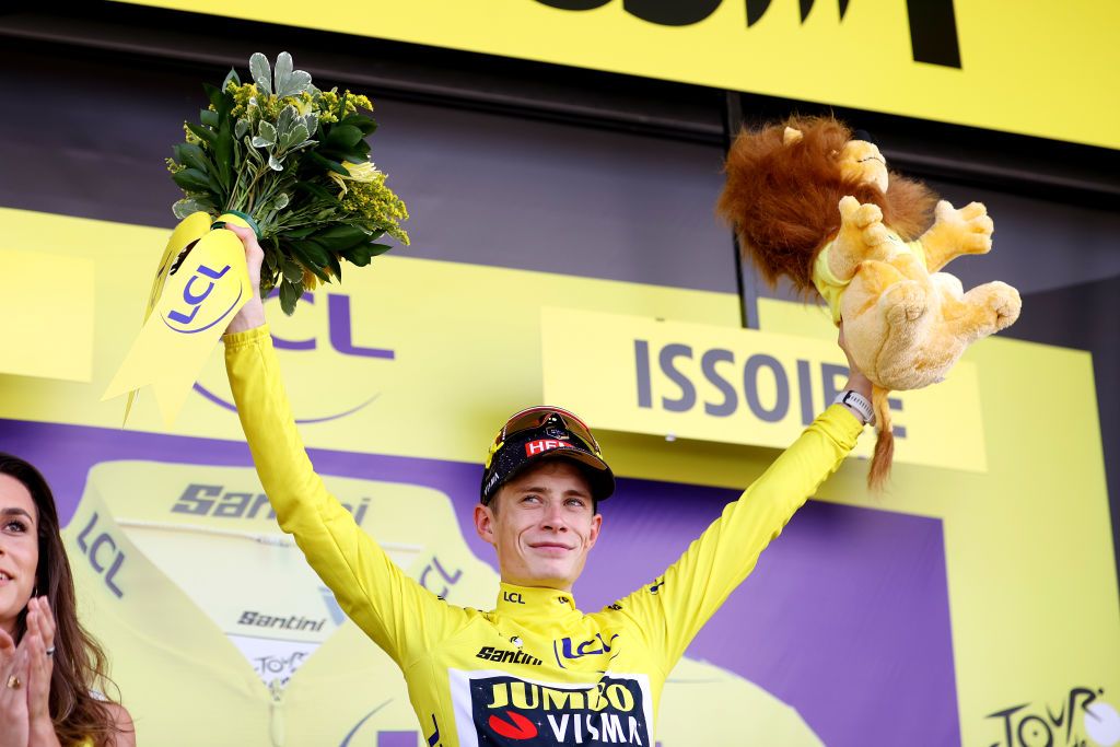 ISSOIRE FRANCE JULY 11 Jonas Vingegaard of Denmark and Team JumboVisma celebrates at podium as Yellow leader jersey winner during the stage ten of the 110th Tour de France 2023 a 1672km stage from Vulcania to Issoire UCIWT on July 11 2023 in Issoire France Photo by Michael SteeleGetty Images