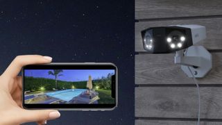 Reolink Duo 3 PoE camera and its footage viewed on a smartphone