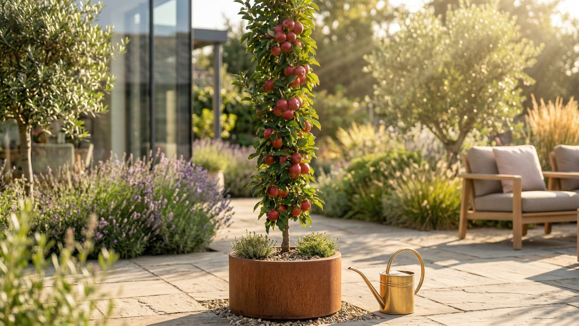 Columnar apple tree growing in corten steel pot on a sunny day