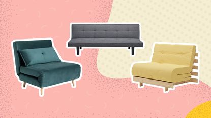 Best small sofa beds graphic with two single sofa beds, one blue and one yellow, and one grey double sofa bed on pink and yellow background